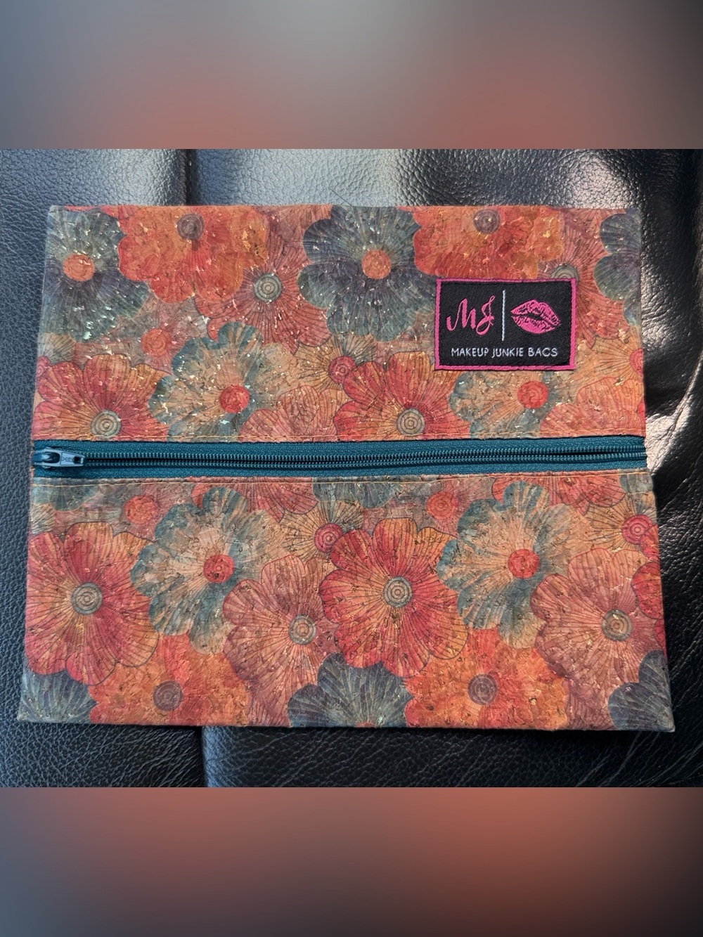 Makeup Junkie Fiona Floral Cork Pouch Medium Orange Teal Multi